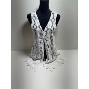 Crochet Open Knit Cardigan Sz 14-16 W Women’s 100% Cotton White Boho Minimalist